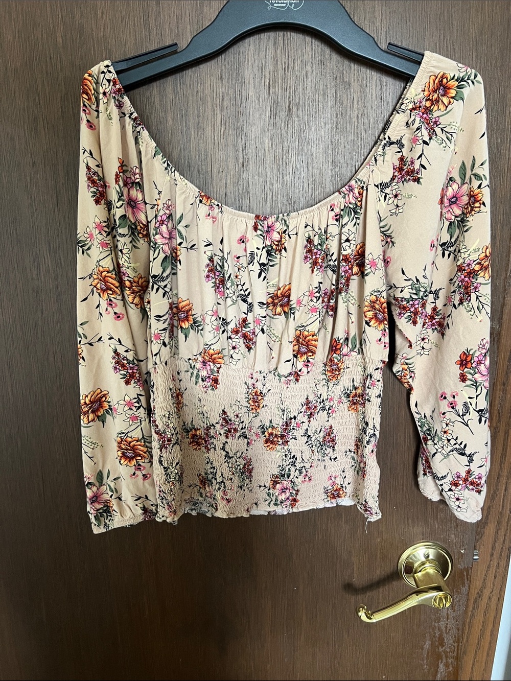 Crave Fame Cream Floral Off-Shoulder Smocked Blouse